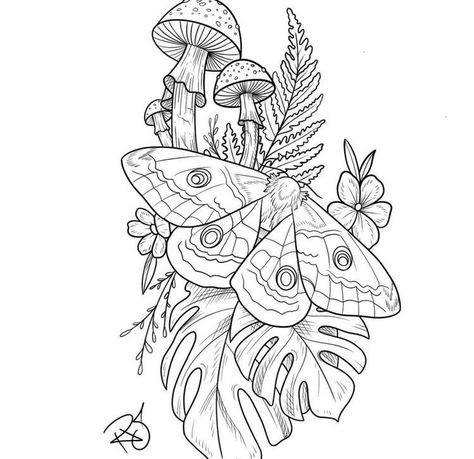 Artwork For Tattoos, Moth Shin Tattoos For Women, Cottagecore Knee Tattoo, Feminine Memorial Tattoos For Women, Free To Use Lineart, Flower Mushroom Drawing, Girly Goth Tattoo Ideas, Thigh Moth Tattoos Women, Knee Plant Tattoo