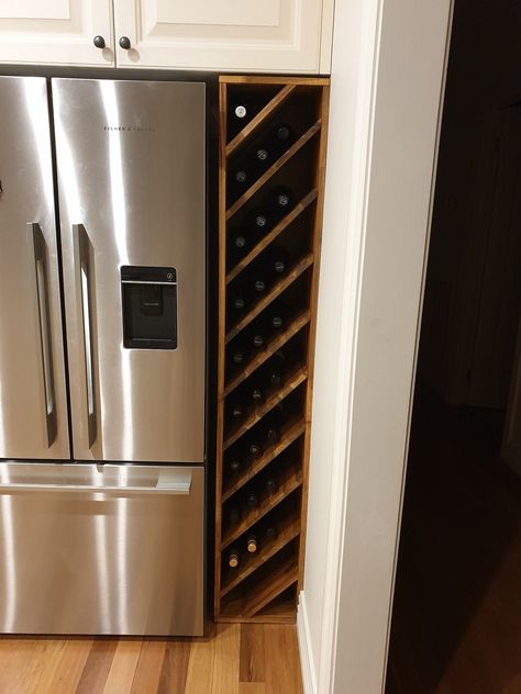 Wine Rack Beside Fridge, Wine Storage Apartment, Wine Rack Around Fridge, Bottle Rack Diy, Space Next To Fridge, Wine Rack Inspiration, Diy Wine Rack Projects, Wine Rack Projects, Wine Rack Design