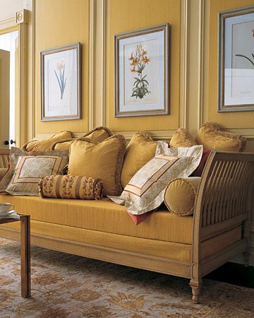 Gold Daybed Yellow Rooms, Yellow Furniture, Dining Room Paint, Yellow Sofa, Yellow Curtains, Yellow Room, Yellow Living Room, Yellow Decor, Yellow Walls