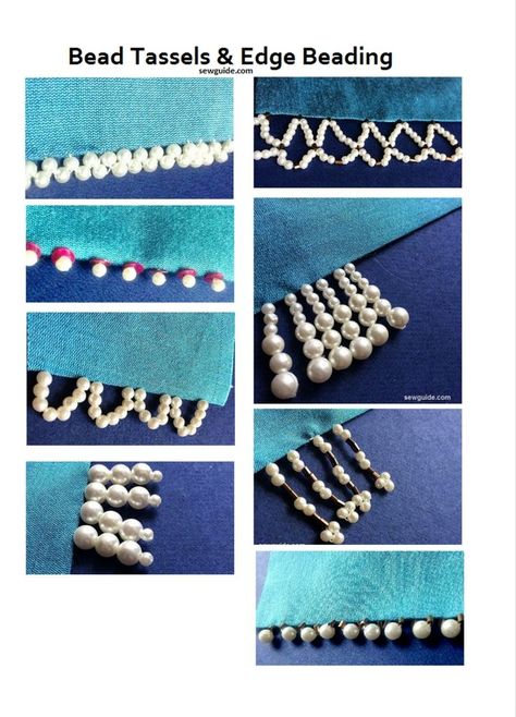 Beaded Edges Tutorials, Beading Edging, Tassels Ideas, Hand Sewing Stitches, Edge Beading, Beaded Tassels Diy, Decorating Clothes, Beaded Edging, Fabric Tassels