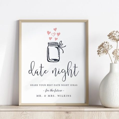 $14.45 | Bridal Shower Date Night Jar Sign #date night jar, bridal shower, date jar sign, bridal shower signage, blush and navy, cute bridal shower ideas, date night jar ideas, mason jar, bridal shower activities, bridal shower games Bridal Shower Date Night Jar, Date Night Jar Ideas, Cute Bridal Shower Ideas, Bridal Shower Tea Party Theme, Bridal Shower Signage, Date Jar, Night Jar, Date Night Jar, Unique Bridal Shower Gifts