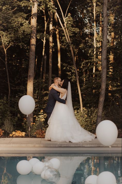 Custom, DIY, Custom Made, Pool, Pool side, Modern, Story Book Feel, Timeless Theme, Stella York, Stella York 6988, Pearl Veil, Outdoor Wedding Modern Outdoor Wedding, Pool Wedding, Photography Dress, Clear Balloons, Stella York, Pool Side, Story Book, Themed Wedding, Modern Outdoor