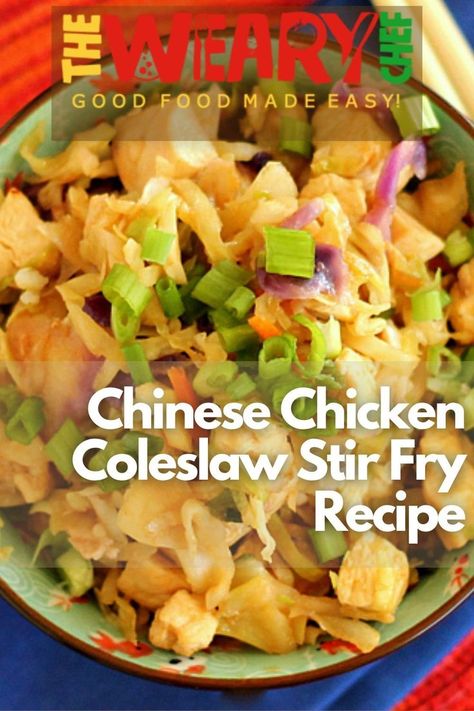 an image of Chinese Chicken Coleslaw Stir Fry on a green bowl. Easy Chinese Chicken, Chicken Coleslaw, Chinese Coleslaw, Asian Recipe, Cabbage Stir Fry, Chicken And Cabbage, Stir Fry Dishes, Stir Fry Recipe, Duck Sauce