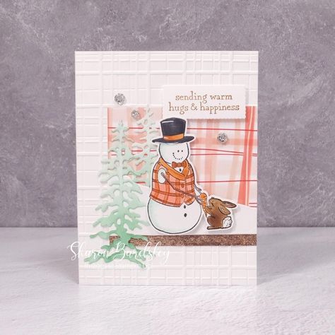 Card: Christmas Embellishments: Sparkly Gems Description: Card is stamped using high quality stamps, inks, card stock and embellishments. Celebrate the Christmas season with a snowman that will never melt! Hand stamped design features a snowman wearing a plaid vest and winter hat. I like making snowman cards and this one brightened my day with the cute little snowman sharing his carrot nose with a bunny! A favorite time of the year for both!! Handcrafted Christmas Card.  Details:  Card Measures 5.5" x 4.25" Blank on inside for your own personal message Created in a smoke-free home Packaging:  Card and envelope are sealed in a clear cellophane sleeve  for protection in shipping and storage. Shipping: Card is mailed inside a sturdy flat cardboard mailer to prevent bending that can hold multi Making Snowman, Snow Friends, Bunny Christmas, Handmade Christmas Card, Snowman Cards, Winter Snowman, Stampin Up Christmas, Holiday Catalog, Christmas Cards Handmade