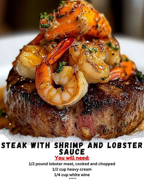 Recipe Smooth - Steak with Shrimp and Lobster Sauce... Sauce For Steak And Shrimp, Shrimp And Lobster Sauce, Shrimp Butter Sauce, Steak With Shrimp, Steak Oscar, Sauce For Steak, Bernaise Sauce, Lobster Sauce, Steak And Shrimp