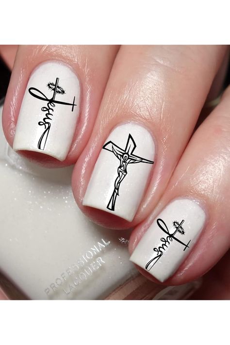 Jesus Cross Nail Art Decal Sticker Bible Nail Designs, Floral Nails Wedding, Jesus Nails Designs, Jesus Nails, Nails With Cross, Whimsical Nail Art, Cross Nail Art, Fancy Black Dress, Season Nails