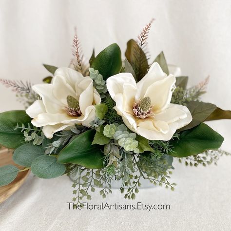 Farmhouse Floral Arrangement Magnolias Floral Arrangement Magnolia Floral Neutral Floral Arrangement - Etsy Magnolia Flower Arrangement Wedding, Mailbox Floral Arrangement, Magnolia Centerpiece Floral Arrangements, Anniversary Floral Arrangements, Flower Arrangements Ideas, 40 Anniversary, Magnolia Centerpiece, Small Arrangements, Box Arrangement