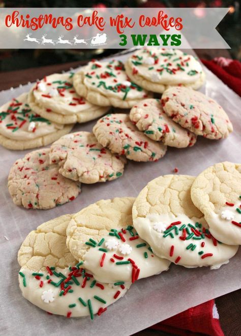 Simplify your holiday baking with these Christmas Cake Mix Cookies that can be made three ways! #cakemixcookies #christmascookies #holidaydesserts #dessertrecipes #cookierecipes Christmas Cake Mix Cookies, Hanukkah Cake, White Cake Mix Cookies, 2023 Cookies, Brownie Treats, Chocolate Chip Shortbread Cookies, New Year's Desserts, Pinterest Christmas, Toffee Cookies