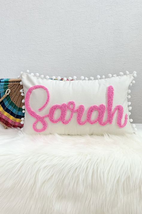 Personalized Name Pillow Cover for Girl Pom Pom Trip Punch - Etsy Punch Needle Pillow, Dorm Pillows, Nursery Pillow, Name Pillow, Personalized Throw Pillow, Nursery Pillows, Pom Pom Trim, Pillow Room, Thread Crochet