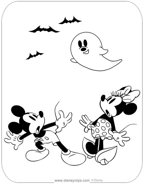 Coloring page of Classic Mickey and Minnie spotting a spooky ghost on Halloween! Mickey And Minnie Halloween, Free Printable Halloween Coloring Pages, Disney Halloween Coloring Pages, Minnie Mouse Dress Up, Mickey Ghost, Cruise Hacks, Mickey Coloring Pages, Clothes Videos, Disney Coloring Sheets