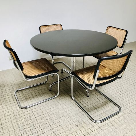 For sale: Bauhaus design dining set with Thonet S32 'cesca' chairs + S1052 table Bauhaus Dining Room, Bauhaus Interior Style, Bauhaus Chairs, Bauhaus Interior Design, Bauhaus Table, Bauhaus Interior, Cesca Chair, Bauhaus Furniture, Metal Dining Chair