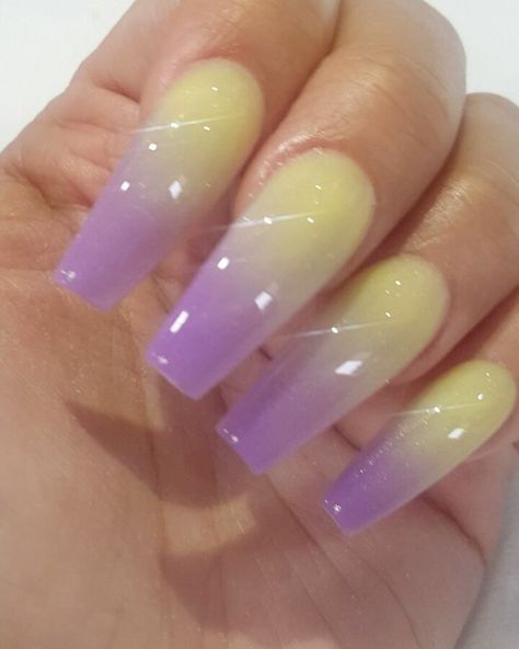 Ombre nails design! . Yay or Nay ? . . Yellow Banana #26 Number #59 .  Instagram @tonysnail  Available at  Www.Designedbytonyly.com . . . .… Purple And Yellow Ombre Nails, Purple Yellow Nails, Purple Fade Nails, Purple And Yellow Nails, Yellow Ombre Nails, Ombre Nails Design, 26 Number, Overlay Ideas, Faded Nails