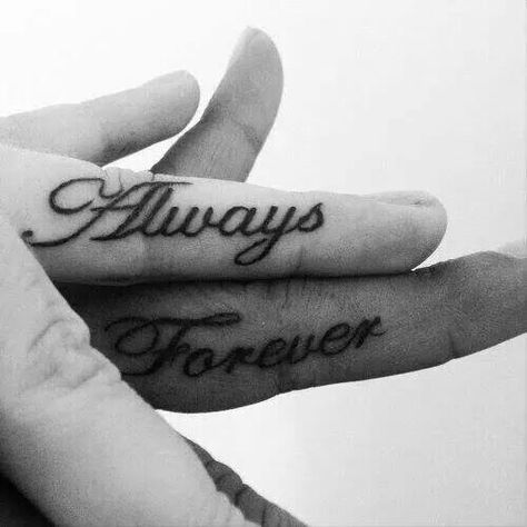 Always and forever. Couples tattoo. Finger tattoo. Small tattoo Husband And Wife Tattoos Meaningful, Tattoo Husband, Husband And Wife Tattoos, Husband Wife Tattoos, Inner Finger Tattoo, Marriage Tattoos, Finger Tattoos For Couples, Wife Tattoo, Forever Tattoo