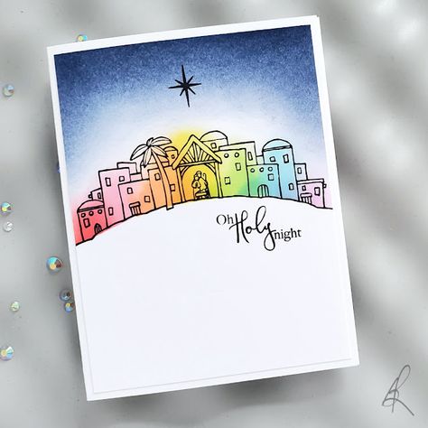 Diy Christmas Cards Nativity, Rubber Stamp Christmas Cards Ideas, Watercolor Christmas Cards Nativity, Simple Nativity Watercolor, Manger Christmas Cards, Nativity Christmas Cards Diy, Rainbow Christmas Card, Christmas Card Design Photo, Nativity Watercolor Cards