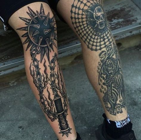 Neo Traditional Shin Tattoo, Flash Tattoo Leg Sleeve, Black Work Knee Tattoo, Knee Shin Tattoo, Traditional Tattoo Knee Cap, Shin Tattoo Ideas, Knee Tattoo Men, Traditional Tattoo Knee, Tattoo On Knee