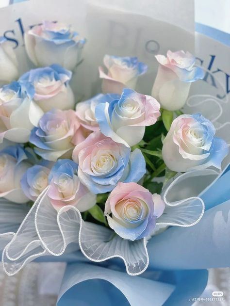 Light Pink And Light Blue Aesthetic, Light Blue Roses, Pink Rose Bouquet, Light Blue Aesthetic, Blue Tulips, Pink And Blue Flowers, Flower Therapy, Flowers For You, Beautiful Bouquet Of Flowers