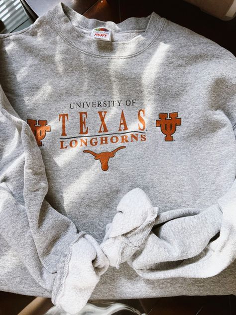 Gray sweatshirt with Texas Longhorns logo Ut Sweatshirt Texas Longhorns, Ut Austin Sweatshirt, Texas Longhorns Sweatshirt, Manifesting University, Thrifted Crewneck, Texas Hoodie, Texas Sweatshirt, Texas Longhorns Shirts, Fall Embroidery