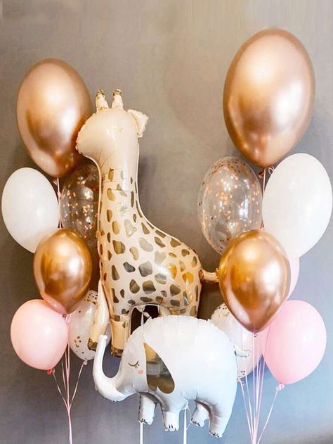 Safari Baby Shower Girl, Giraffe Baby Shower Theme, Baby Shower Ballons, Theme Bapteme, Wild Birthday Party, Elephant Balloon, Giraffe Birthday, Baby Shower Giraffe, Gold Confetti Balloons