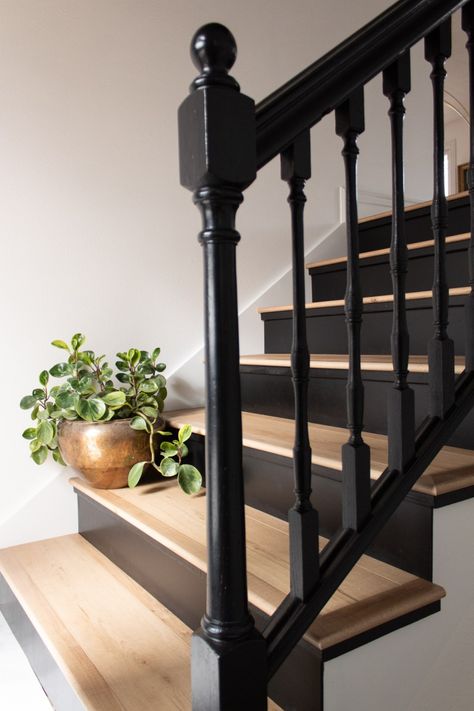 Close Off Living Room, Black Staircase With Runner Carpet, Wooden Stairs Ideas Modern, Split Foyer Entrance Ideas, Black Farmhouse Staircase, Dark Walls Hallway, Split Level Stairs Remodel Entryway, Modern Split Level Stairs, Split Level Staircase Ideas Railings