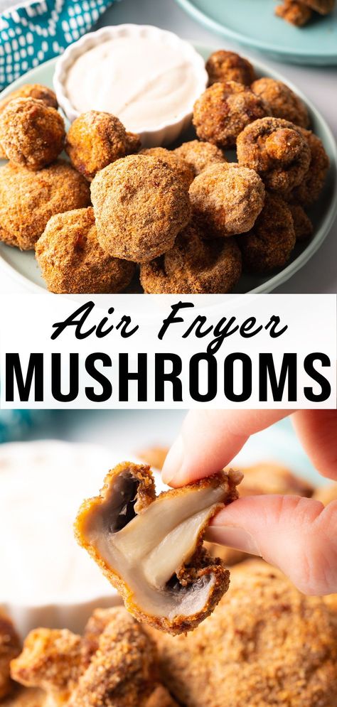 These air fryer mushrooms are irresistibly crunchy, delicious and will be ready in only 20 minutes! Mushrooms In The Air Fryer, Air Fryer Recipes Mushrooms, Air Fryer Parmesan Mushrooms, Air Fryer Nibbles, Fried Mushroom Recipes Air Fryer, Mushrooms Air Fryer Recipes, Battered Mushrooms In Air Fryer, Air Fryer Fried Mushrooms Recipe, Air Fry Mushroom Recipes