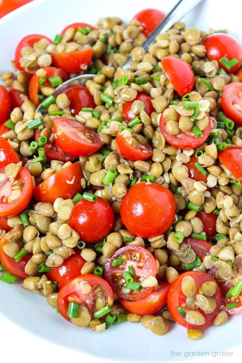 5-Minute Lentil Tomato Salad (Easy!) Lentil Tomato Salad, Vegan Lentil Recipes, Garden Grazer, Canned Lentils, Vegan Feta Cheese, Power Salad, Italian Chopped Salad, Tomato Salad Recipes, Vegan Lentil