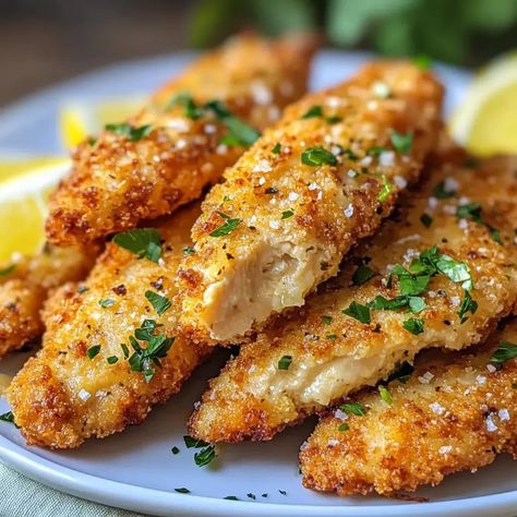 Easy Lemon Garlic Parmesan Chicken Tenders Recipe - Recipesim Easy Lemon Garlic Parmesan Chicken, Lemon Garlic Parmesan Chicken, Garlic Parmesan Chicken Tenders, Parmesan Chicken Tenders, Chicken Tenders Recipe, Chicken Tenderloin, Chicken Tenderloin Recipes, Lemon Garlic Chicken, Chicken Tender Recipes