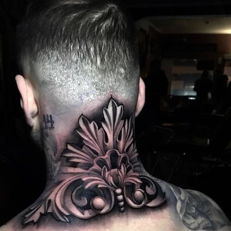 Mens Filigree Tattoo Neck, Back Neck Tattoo For Guys Men, Never Go Back Tattoo, Neck Piece Tattoo Men, Mens Back Neck Tattoo, Filigree Tattoo Chest, Mens Side Neck Tattoo, Back Of Neck Tattoo Men Design, Nek Tattoo Men