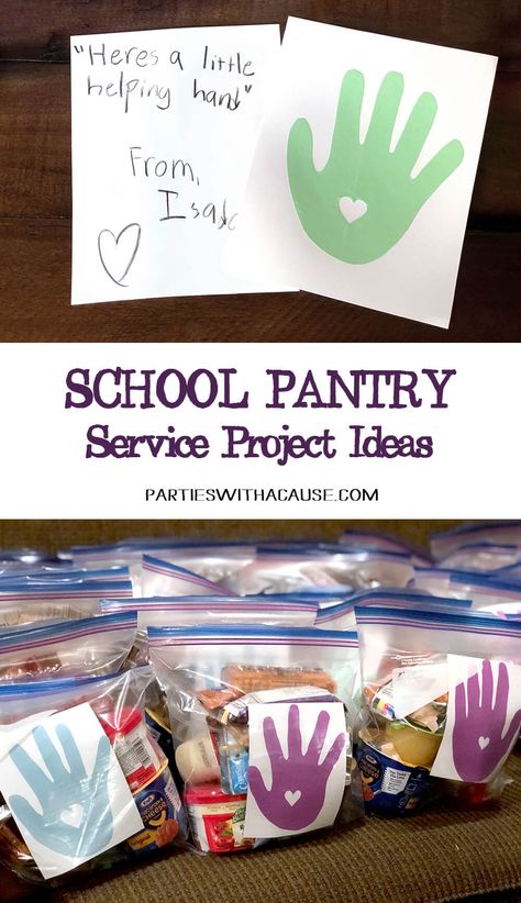 Looking for service project ideas for kids? Try collecting food donations for the school pantry program! No hungry kids is the goal and with community support every child can learn with a full stomach. Find out more at PartiesWithACause.com #serviceproject #foodpantry #fooddrive #kids #schoolpantry School Charity Ideas, Charity Projects Community Service, Group Service Project Ideas, Food Bank Ideas, Service Learning Projects For Elementary, Community Service Projects For Kids, Food Pantry Ideas, Service Project Ideas, Food Pantry Donations