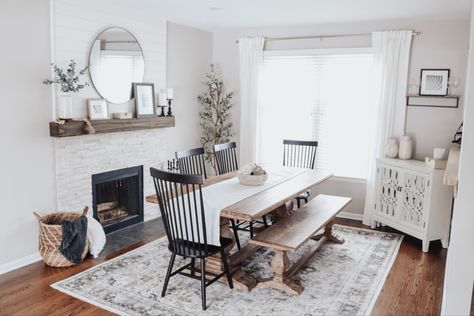 Ruggable Dining Room, Dining Room With Fireplace, Wooden Fireplace Surround, Dining Room Inspo, Ruggable Rugs, Faux Fireplace Mantels, Scandinavian Dining Room, Dining Room Fireplace, Dining Room Curtains