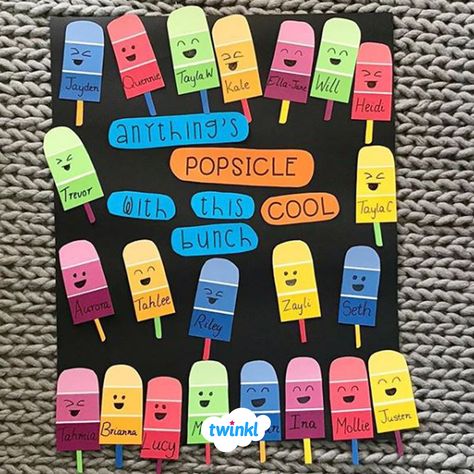 Anything Is Popsicle Classroom Door, Summer Class Decorations, Summer Theme Classroom, Summer Theme Board Classroom Ideas, Colourful Classroom Ideas, Popsicle Door Decorations Classroom, Popsicle Bulletin Board Ideas, Summer Display Board, Popsicle Bulletin Board