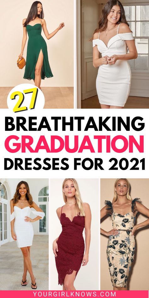 Looking for some pretty cute graduation dresses for college or high school? These breathtaking options are your way to steal the show on one of the biggest days of your life. Check them out now! Grad School Graduation Outfit, Graduation Dress Ideas University, University Graduation Outfit Dresses, Graduation Dresses For College, Graduation Dress University Classy, White Graduation Dress College, Dresses For College, College Graduation Dress, Cute Graduation Dresses