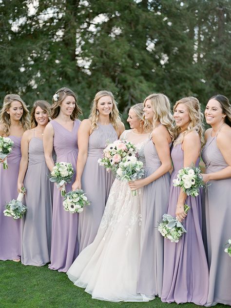 Lilac Gray and Amethyst Bridesmaid Dresses with a Purple Wedding Dress Lavender And Grey Bridesmaid Dresses, Lilac Bridesmaid Dresses Different Styles, Putple And Green Bridesmaid Dresses, Lavender And Gray Wedding Theme, Wedding Colors Lilac, Braidmaids Dress, Lilac Bridesmaids, Spring Bridesmaids, Lilac Bridesmaid