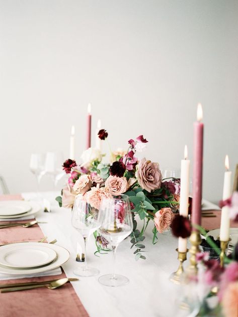 blush, mauve, burgundy wedding centerpieces. Pink candles with greenery Mauve Wedding Colors, Dusty Rose Wedding Colors, Burgundy Wedding Centerpieces, Wedding Table Pink, Flowers In Vases, Mauve Wedding, Dusty Rose Bridesmaid Dresses, Dusty Rose Wedding, Wedding Color Inspiration