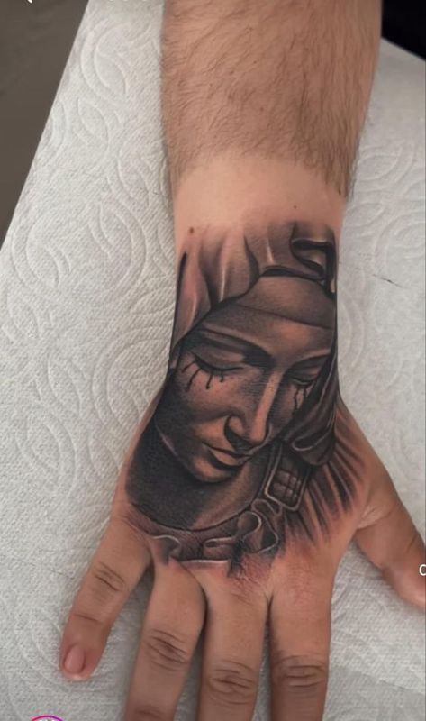 Jesus Forearm Tattoo, Cross Tattoo On Hand, Money Bag Tattoo, Hand Tatto, Biblical Tattoos, Virgin Mary Tattoo, Hands Tattoo, Mary Tattoo, M Tattoos