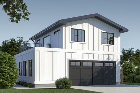 Board and batten siding extends vertically and draws your eye up to the gabled roof on the exterior of this New American Carriage house plan.The 2-car garage features additional space for storage or a workshop and includes a powder bath.A single 18