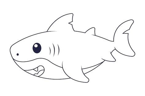 Shark Easy Drawing, Cartoon Shark Drawing, Simple Shark Drawing, Cute Shark Drawing, Shark Line Art, Drawing Shark, Shark Outline, One Continuous Line Drawing, Simple Vector Illustration