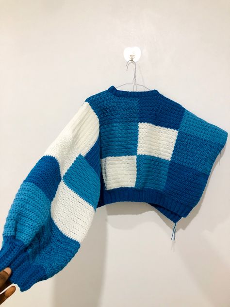 Checkered crochet blue crop sweater Crochet Ideas Blue, Crochet Sweater Blue, Knitted Blue Cropped Sweater For Winter, Blue And White Crochet Sweater, Blue Crochet Pattern, Winter Blue Crochet Tops, Cute Blue Hand Knitted Sweater, Blue Crochet Ideas, Crochet Checkered Sweater