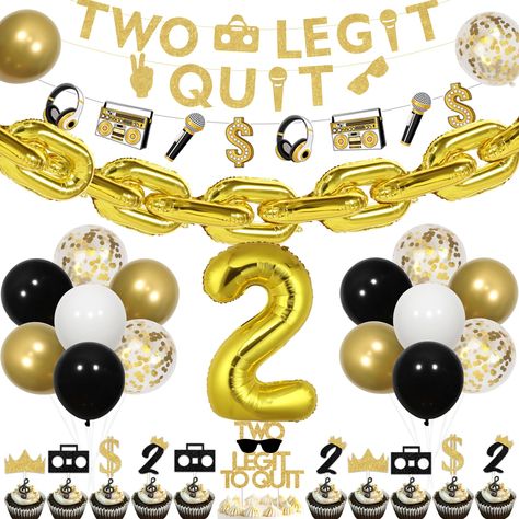 PRICES MAY VARY. 【Enjoy your two legit to quit birthday】 Featuring a banner and a cake topper with the phrase "Two Legit to Quit" in bold black and gold letters, perfect for celebrating a second birthday with an 80s and 90s theme. The set also includes number "2" foil balloons adding vibrant color and drawing attention. 【Unique hip pop design】 This set features classic hip hop-themed decor like crowns, sunglasses, walkman, microphone, headset and golden chain foil balloons, perfect for capturing Two Legit To Quit, Two Legit To Quit Birthday Theme Boy, 2 Legit 2 Quit Birthday Party Boy, Boy Second Birthday Themes, Two Legit To Quit Birthday, Birthday Decorations Black, Microphone Headset, 90s Theme, Cake Banner Topper