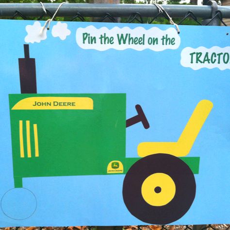 Pin the Wheel on the Tractor game Pin The Wheel On The Tractor, Tractor Birthday Games, Tractor Party Games, Tractor 3rd Birthday, John Deere Birthday Party Ideas, Tractor Birthday Party Theme, John Deere Tractor Party, John Deere Birthday Party, John Deere Party