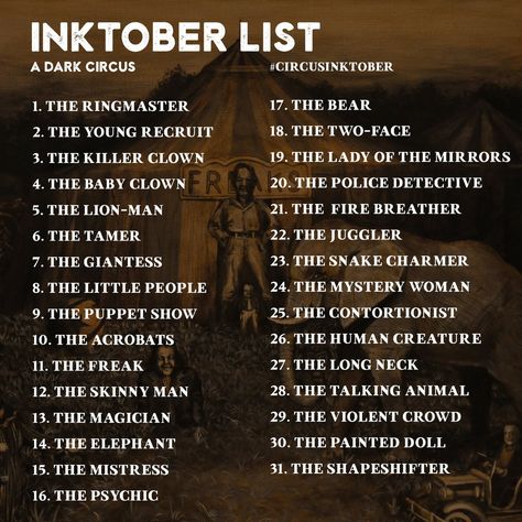 Inktober List, Abs Art, Sketchbook Prompts, 30 Day Art Challenge, 30 Day Drawing Challenge, Dark Circus, Art Challenges, Art Style Challenge, Drawing Ideas List