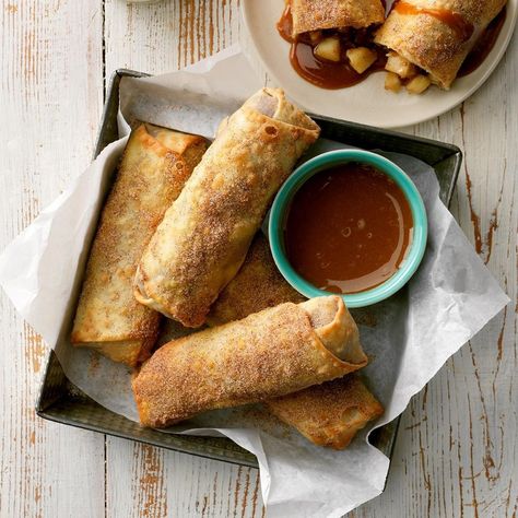 These easy apple pie egg rolls can be prepared as needed, using egg roll wrappers as vessels for the fruit rather than traditional pie crust. The air-fryer method of cooking results in a crispy, crunchy crust with a tender, juicy filling. Flavored cream cheese spread may be used instead of plain, depending on availability. —Sheila Suhan, Scottdale, Pennsylvania Flavored Cream Cheeses, Frozen French Fries, Classic Apple Pie, Easy Apple Pie, Egg Roll Wrappers, Egg Roll Recipes, Cream Cheese Spreads, Ham And Cheese, Egg Rolls