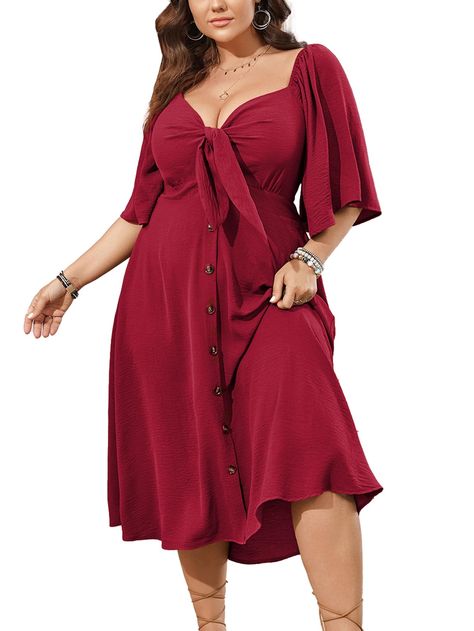 PRICES MAY VARY. Material: This Plus size dress is made in lightweight and skin-touch, soft and flowy texture fabric. It's a great choice to be one of your summer dress collection Design: Plus size dresses for curvy women is in tie front deep v neck design, it's good to shape your figure and show a deep v-neckline, the ruffle 3/4 sleeve is perfect to embellish your arm, back smocked is comfortable to fit your curves, and the button decorates this flowy dress in more fashion Feature: Plus size dr Feminine Plus Size Outfits, Plus Size Summer Dresses Casual, Apron Belly Outfits, Hawaii Outfit, Plus Size Wedding Guest Dress, Plus Size Summer Dress, Valentines Dress, Summer Dress Casual, Casual Dresses Plus Size