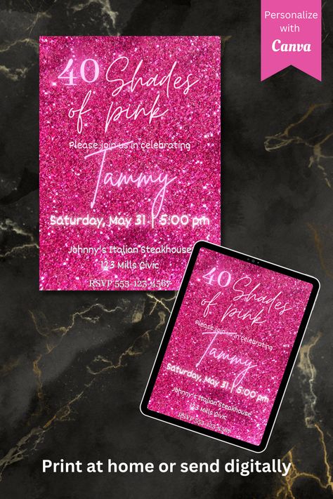 🌟 Glamorous "Shades of Pink" Invitation for milestone birthdays and girls' nights out! Customize effortlessly with our digital template. Sparkling accents and captivating design set the perfect tone. Make a statement today! Shop now on Etsy. #ShadesofPinkInvitation #MilestoneBirthday #GlamorousCelebration #EditableInvitation #Etsy Pink Saturday, Pink Invitation, Milestone Birthday, Pink Invitations, Pink Birthday, Invitation Digital, Shades Of Pink, Milestone Birthdays, Design Set