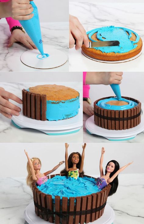 Hot Tub Cake Ideas, Hot Tub Birthday Party Ideas, Hot Tub Cake, Pool Cake For Kids, Easy Barbie Cake, Hot Tub Party Ideas, Two Sided Cake, Fun Cake Ideas, Tub Cake