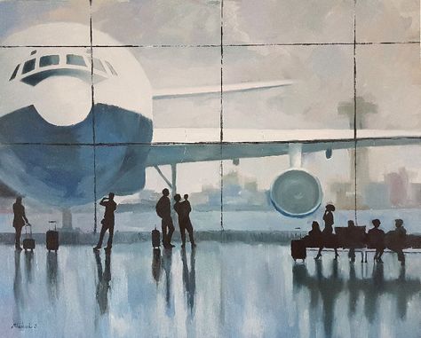 Airport Painting Art, Airport Artwork, Airport Painting, Airport Illustration, Plane Painting, Airplane Painting, Scratchboard Art, Airplane Art, Diy Watercolor Painting