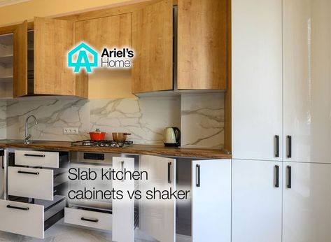 Slab kitchen cabinets vs shaker. Are you looking for something unique for your kitchen cabinets? Well, let's find out the differences between slab and shaker! Shaker Vs Flat Panel Cabinets, Slab Cabinet Kitchen, Slab Cabinets Kitchen, Slab Kitchen Cabinets, Slab Cabinet Doors, Modern Shaker Kitchen, Slab Cabinets, Thermofoil Cabinets, Kitchen Slab