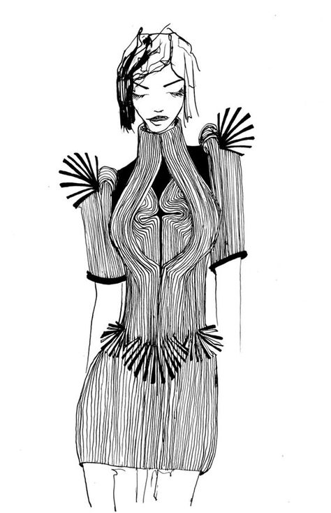 Iris van Herpen, Irises and Van on Pinterest Silhouette Mode, Fashion Sketchbook Inspiration, Illustration Example, Fashion Drawing Sketches, Fashion Illustrations Techniques, Illustration Techniques, Fashion Illustration Sketches Dresses, Iris Van Herpen, Fashion Design Collection