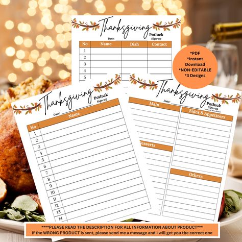 Looking for a quick and instant download potluck sign-up sheet for Thanksgiving? This sign-up sheet comes in as a PDF in 3 versions. Thanksgiving Potluck Sign Up Sheet, Potluck Sign Up Sheet, Thanksgiving Potluck, Sign Up Sheets, Thanksgiving Diy, Text Pictures, Types Of Printer, Fall Thanksgiving, Invitation Paper