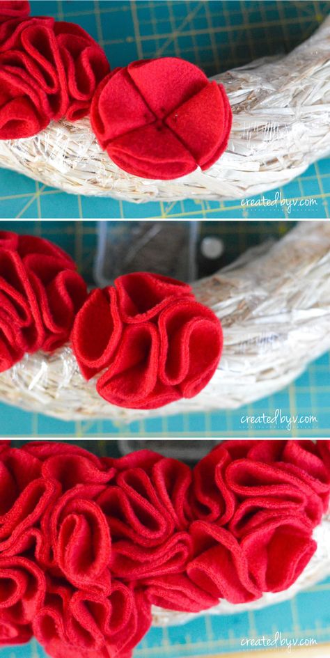 Learn how to make this stunner of a wreath. Red + Ruffles. Merry and bright, indeed! Ruffle Wreath, Couronne Diy, Valentine Wreath Diy, Valentines Bricolage, Straw Wreath, Felt Wreath, Diy Valentines Decorations, Trendy Tree, Valentine Day Wreaths