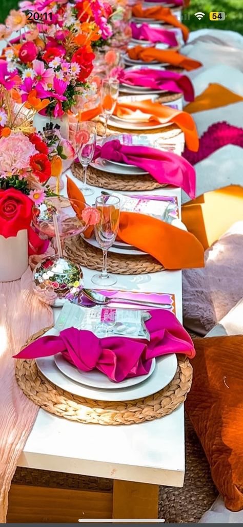 Sunset Color Party Decor, Burnt Orange Tablescape, Sunset Soiree Party, Sunset Wedding Theme Decoration, Sunset Themed Wedding Decor, Sunset Party Decorations, Pink Wedding Table Settings, Colorful Engagement Party, Colorful Wedding Theme